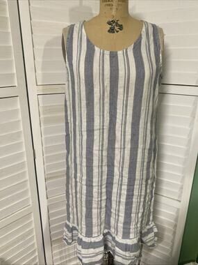 Vanessa Alexandra Striped 100% Linen Ruffle Tie Knee Length Dress Sz Medium